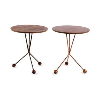 Two 'Table in a jar' end tables, c. 1955: Albert Larsson, H. 45 cm. D. 38-39.5 cm. Made by Alberts, Tibro. Ply, teak veneer, tubular brass, copper-plated, beech balls. Marked: No. 1119 (pencil).