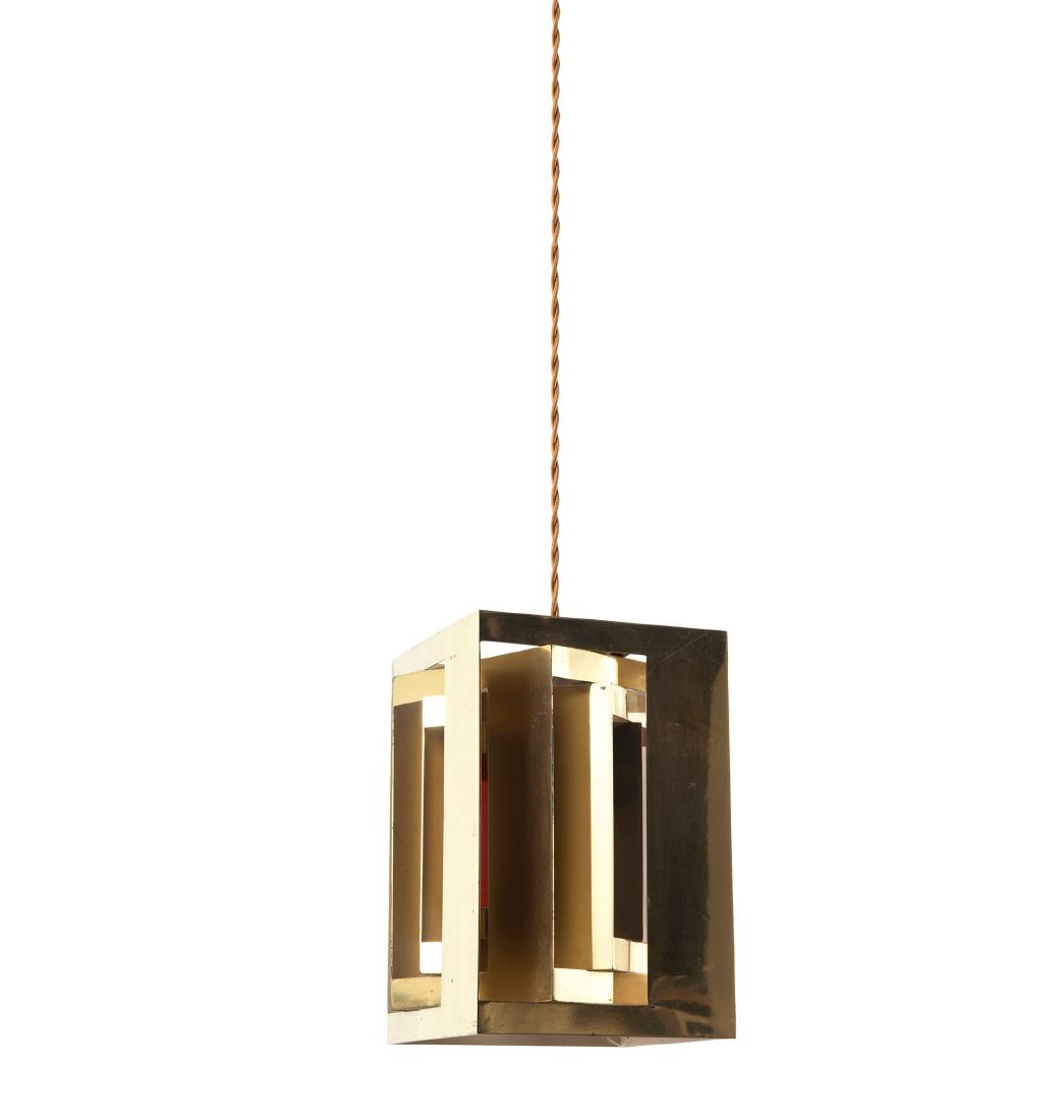 Ceiling light, c. 1960: Simon Henningsen (attributed), H. 25.5 x 19 x 19 cm. Made by Lyfa, Copenhagen. Sheet brass, partly lacquered red-orange.