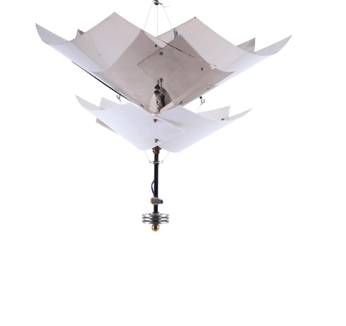 Ceiling light, c. 1995: Jan Roth, H. 43 cm, D. 51 cm. Chrome-plated sheet metal, Teflon, metal wire, threaded bar, aluminium, brass.