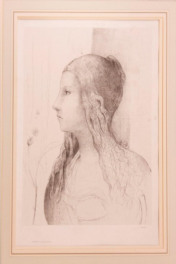 Brunnhilde' (Crepuscule des Dieux'), 1894: Odilon Redon, 37.5 x 29 cm (plate). Black and white lithograph on Chine applique. Plate signed: ODILON REDON. Inscribed: BRUNNHILDE (crepuscule des dieux), 80 epreuves. Mounted, glass frame.