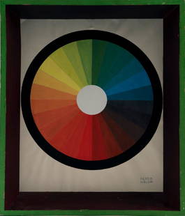 'Colour spectrum' in handmade frame, c. 1945: Peter Keler, 25.7 x 29 cm. Mixed media on paper. Signed: PETER KELER. Frame: 40.5 x 34.2 cm. Wood, painted black, green and eggplant purple.