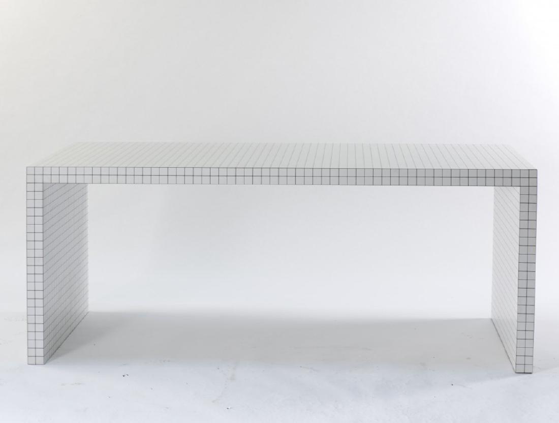 'Quaderna' table, 1971: Superstudio; Piero Frassinelli; Alessandro Magris; Roberto Magris; Adolfo Natalini; Cristiano Toraldo di Francia, H. 72 x 180 x 80 cm. Made by Zanotta, Nova Milanese. Wood, white plastic laminate with
