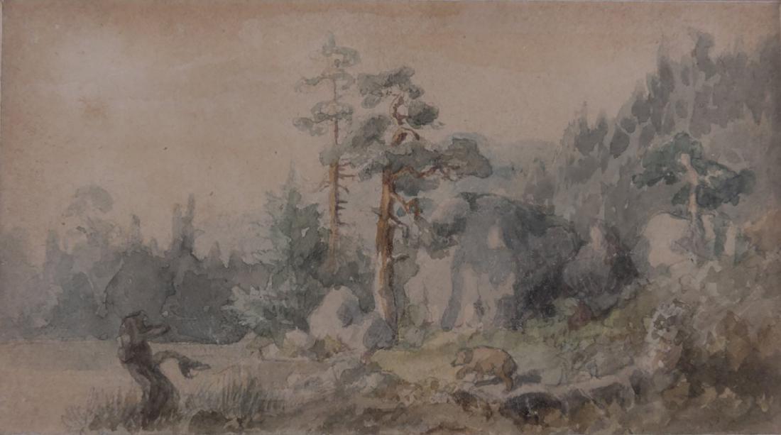Untitled (High mountain landscape): Oswald Achenbach (1827 DÃ¼sseldorf - 1905 ibid.), Watercolor on firm, chamois-colored paper. 5.6 x 8.9 cm. Verso inscribed: Heinrich von Sybel (brown ink), other illegible signs. On the back of the