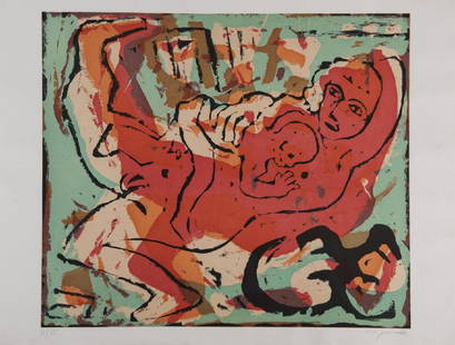 'Mother with Child': A. R. Penck (Dresden 1939 - 2017 ZÃ¼rich) , Color lithograph on wove paper. 69.0 x 79.0 cm (illustration), 76.0 x 100.0 cm (sheet). Signed lower right: AR Penck, numbered lower left (pencil). Copy 1