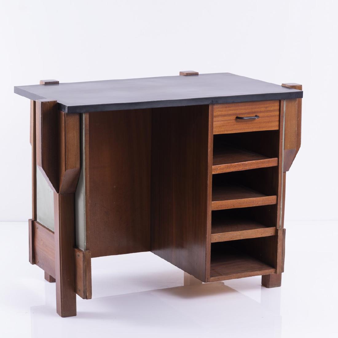 Roberto Gabetti; Aimaro Isola, Library desk, c. 1960: Roberto Gabetti; Aimaro Isola, H. 71 x 90,5 x 53,5 cm. Wood, stained dark, wooden construction with mahagony veneer, green textile, black formica.