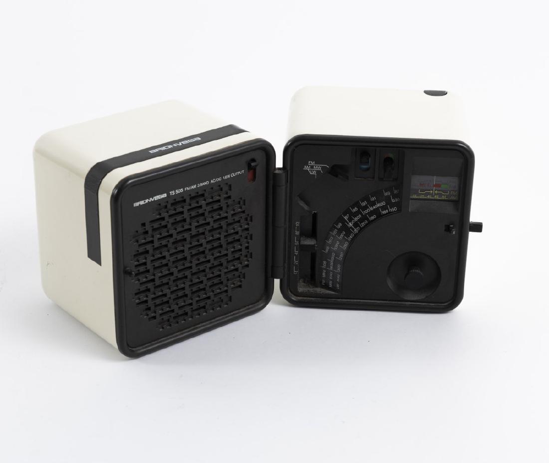 Richard Sapper; Marco Zanuso, 'TS 505 a' radio, 1977: Richard Sapper; Marco Zanuso, H. 13 x 23-26 x 11.5 cm. Made by Brionvega, Milan. Plastic, off-white and dark brown. Handle of metal, painted brown. Marked: BRIONVEGA TS 505 PATENTED MODEL MADE IN ITAL