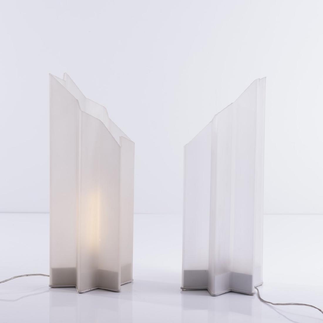 Carla Venosta, Two table lights, 1990: Carla Venosta, 'Free geometry of a rising star'. H. 61 cm. Made in Italy. Opaline and matted transparent methacrylate.