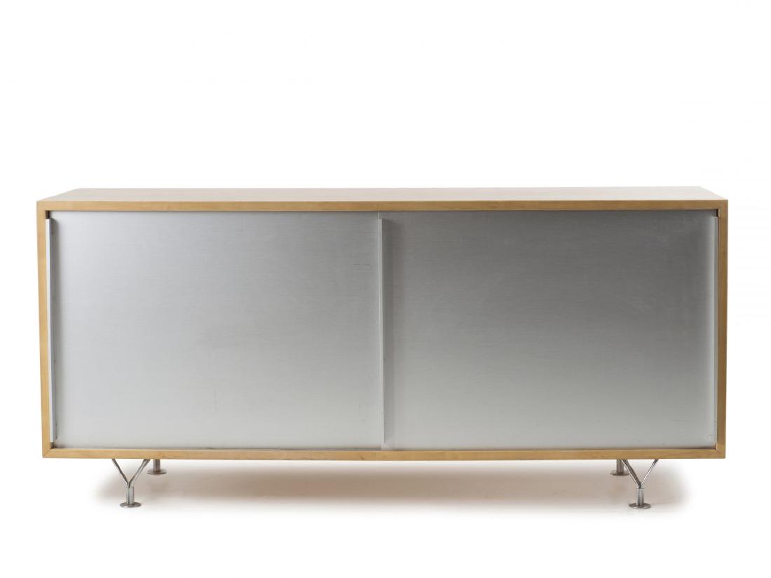 Bruno Mathsson, 'Mi 806' sideboard, 1967: Bruno Mathsson, H. 72 x 158 x 48 cm. Made by Mathsson International AB, Varnamo. Wooden construction, burl veneer, chrome-plated tubular steel, sheet aluminium, white inside. Marked: BRUNO MATHSSON DE