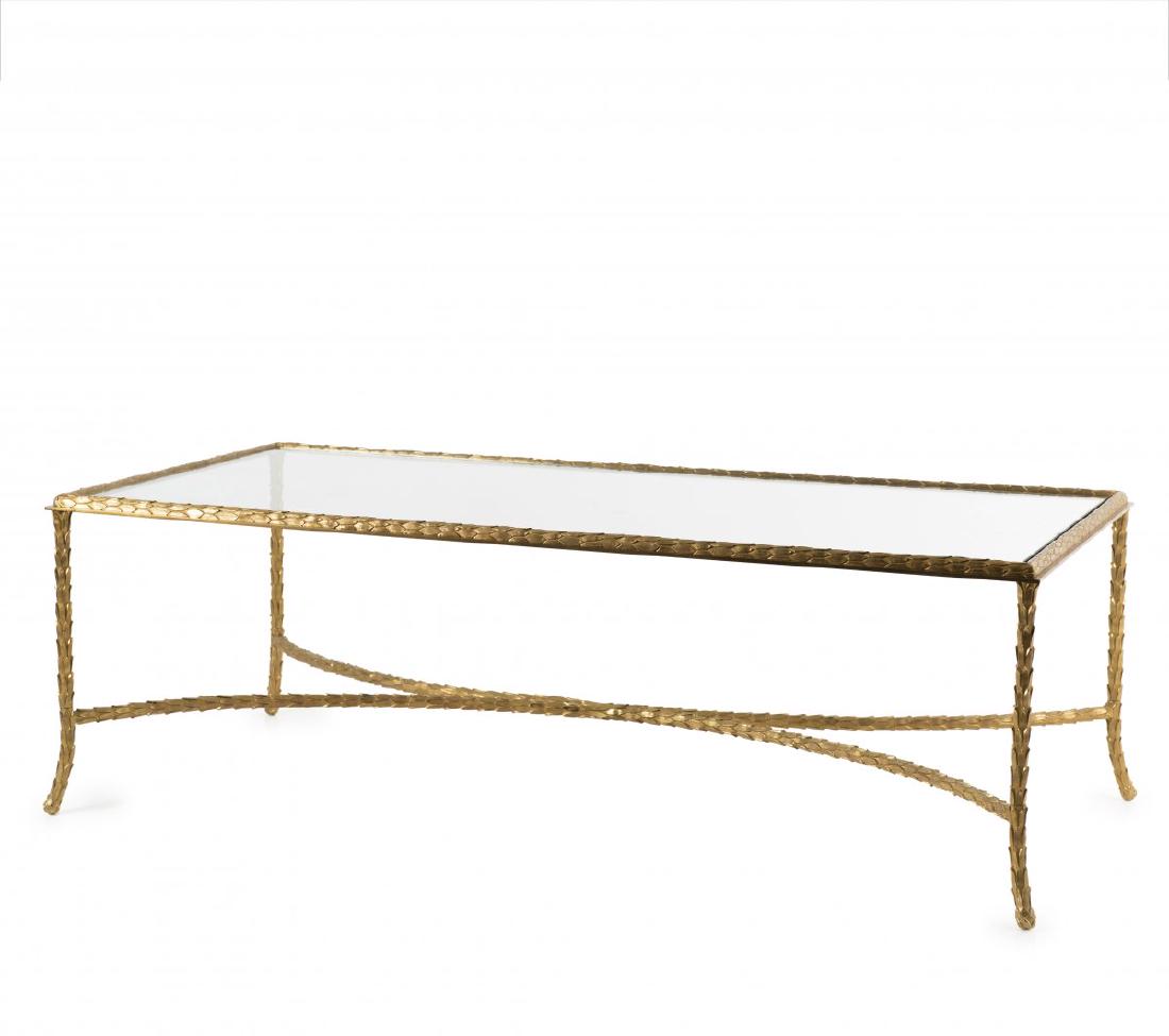 Maison Charles, Paris, Coffee table, c. 1965: Maison Charles, Paris, H. 43.5 x 133 x 67.5 cm. Bronze, fire-gilded, clear glass. Marked: Maison Charles Paris (embossed).