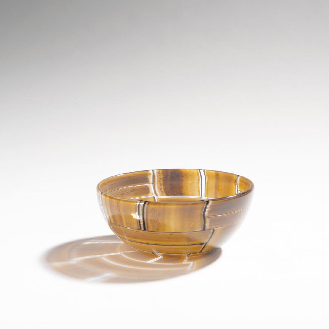 Ercole Barovier, 'Tessere ambra' bowl, 1957: Ercole Barovier, H. 5,5 cm; D. 13,5 cm. Made by Barovier & Toso. Clear glass, fused restangular glass plates in ocre and opal white, metal oxides, dark violet rim. Signed on the base: Ercole Barovier 
