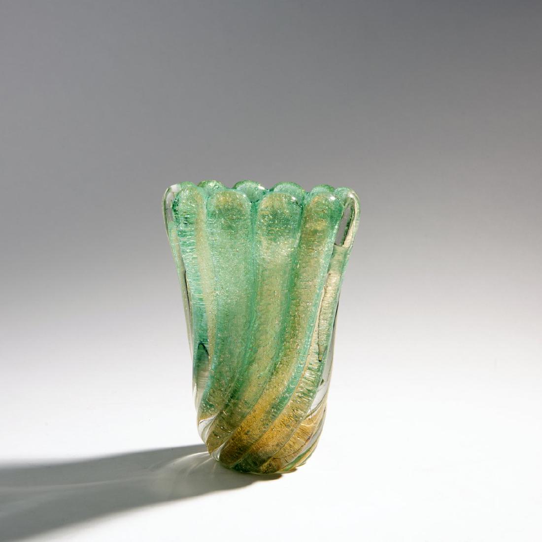 Flavio Poli, 'Cordonato oro' vase, c. 1941: Flavio Poli, H. 21cm. Cased glass, clear and green with pricked air bubbles and burst gold foil.