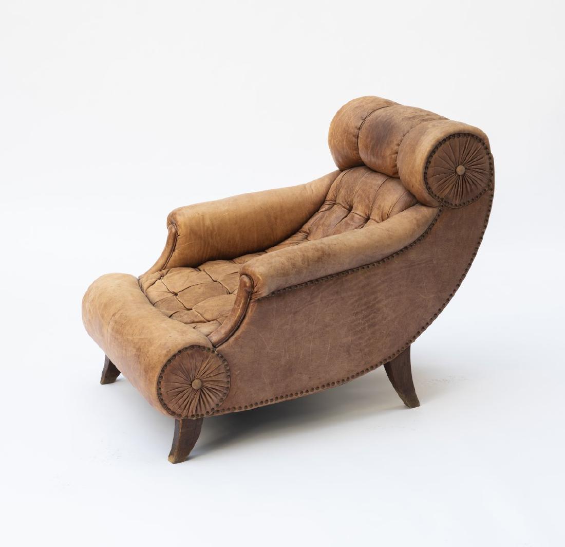 Adolf Loos (used by), 'Knieschwimmer', 1901: Adolf Loos (used by), 'Knieschwimmer' armchair, 1901, H. 84 cm, 76 x 108 cm. Made by Friedrich Otto Schmidt, Vienna after a design by Hampton & Sons, London (attributed). Wood, light brown leather., O