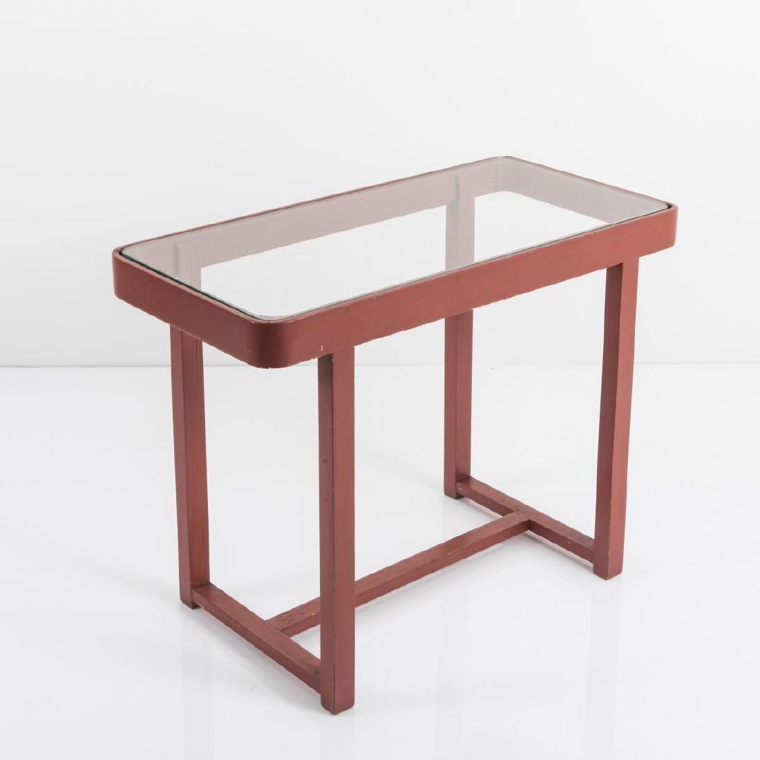 Karl Bertsch, Occassional table, c. 1925: Karl Bertsch, Occassional table, c. 1925, H. 56 x 75 x 37 cm. Made by Deutsche Werkstaetten, Dresden-Munich. Wooden slats, maple veneer, painted orange-red, transparent glass., Cf. Ottomeyer/Ziffer, M