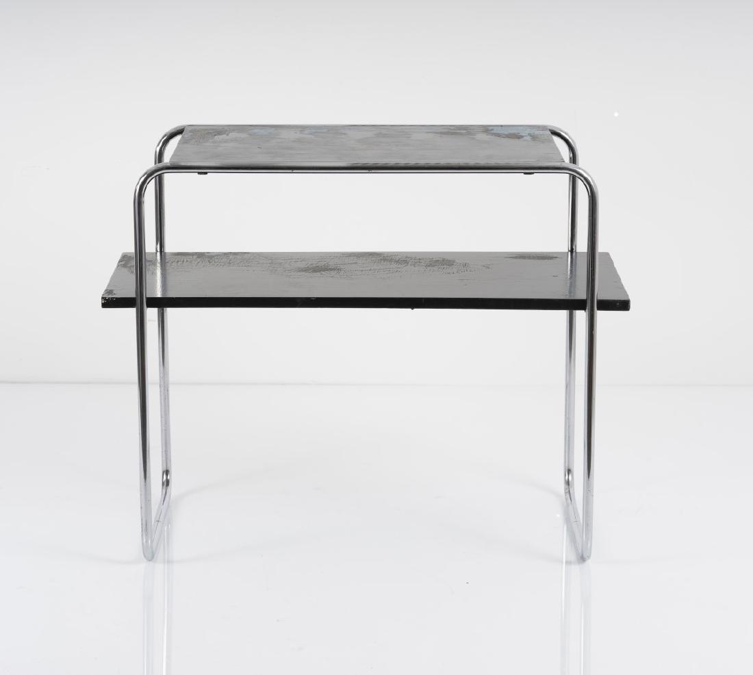 Marcel Breuer, Side table 'B 12', c. 1927: Marcel Breuer, Side table 'B 12', c. 1927, H. 60.5 x 76 x 38.5 cm; D. 1.6 cm. Made by Thonet Frankenberg (attributed). Tubular steel, chrome-plated, blockboard painted light blue, re-painted black. Ma