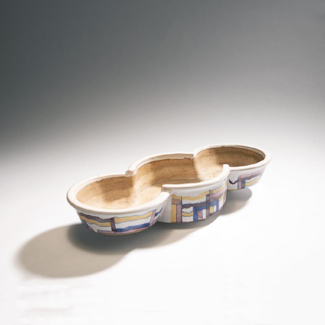 Werner Burri, Flowerpot, 1929: Werner Burri, Flowerpot, 1929, H. 9.2 x 46.7 x 20.4 cm. Made by Velten-Vordamm. Faience, glazed yellow, pink, purple and blue on white. Marked: F 202., maker's mark, faint number. , Cf. Ute Heckmann (