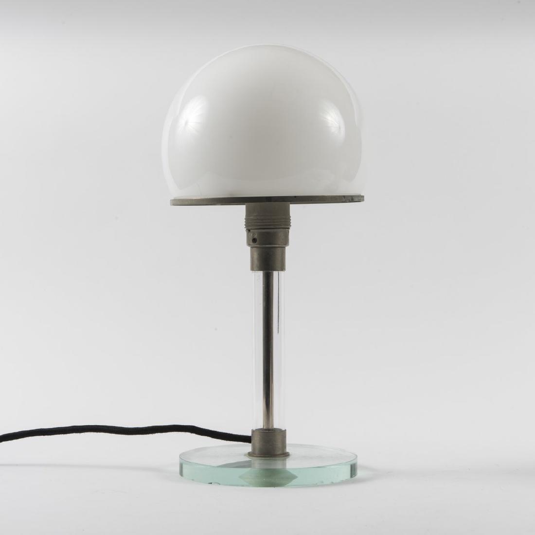 Wilhelm Wagenfeld, Table light, 1924: Wilhelm Wagenfeld, Table light, 1924, H. 36 cm; D. 17 cm. Made by Tecnolumen, Bremen, c. 1980. Sheet metal, nickel-plated, tubular metal, chrome-plated, glass, transparent and white. Marked with maker