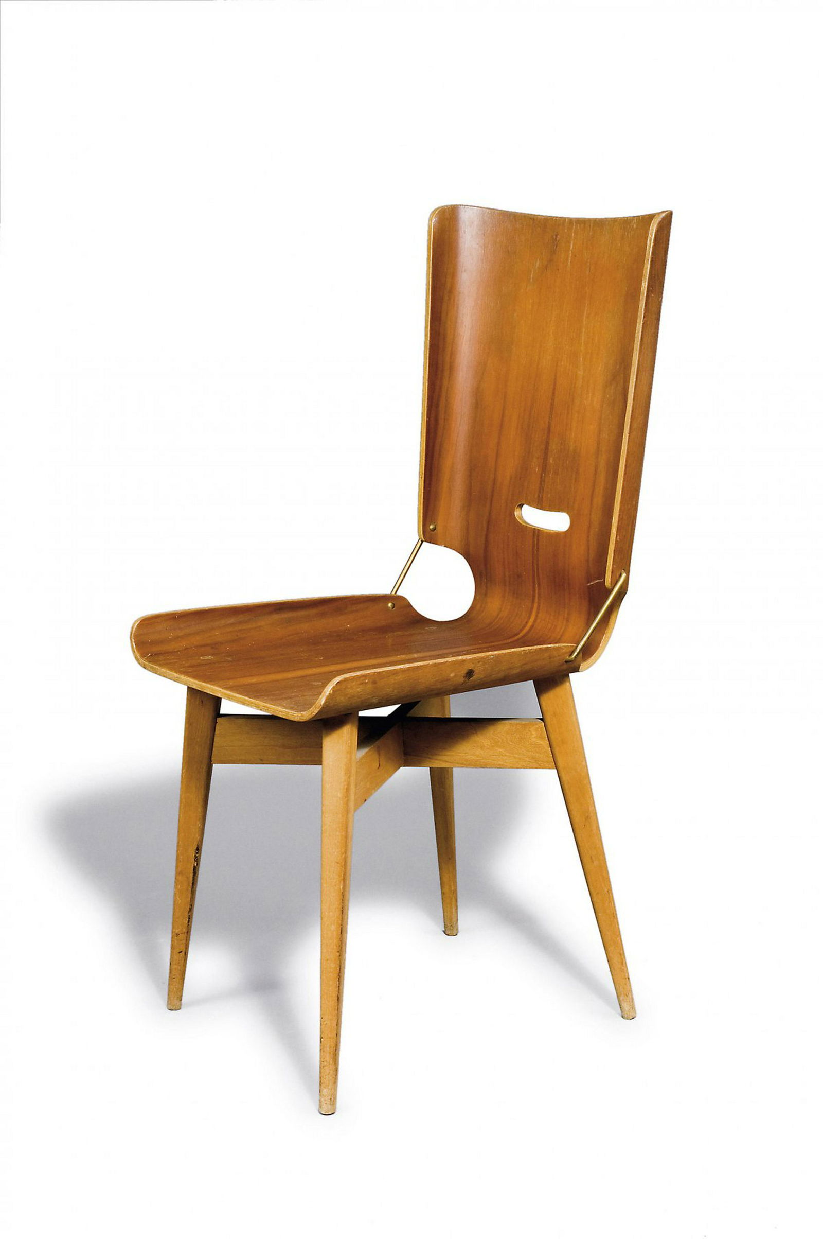 Giancarlo De Carlo, 'Lucania' chair, 1954: Giancarlo De Carlo, 'Lucania' chair, 1954, H. 95.5 x 53 x 51.5 cm. Made by Arflex, Milan. Plywood, walnut veneer, beech wood, brass rods. , Cf. Repertorio 1950-1980, p. 83.