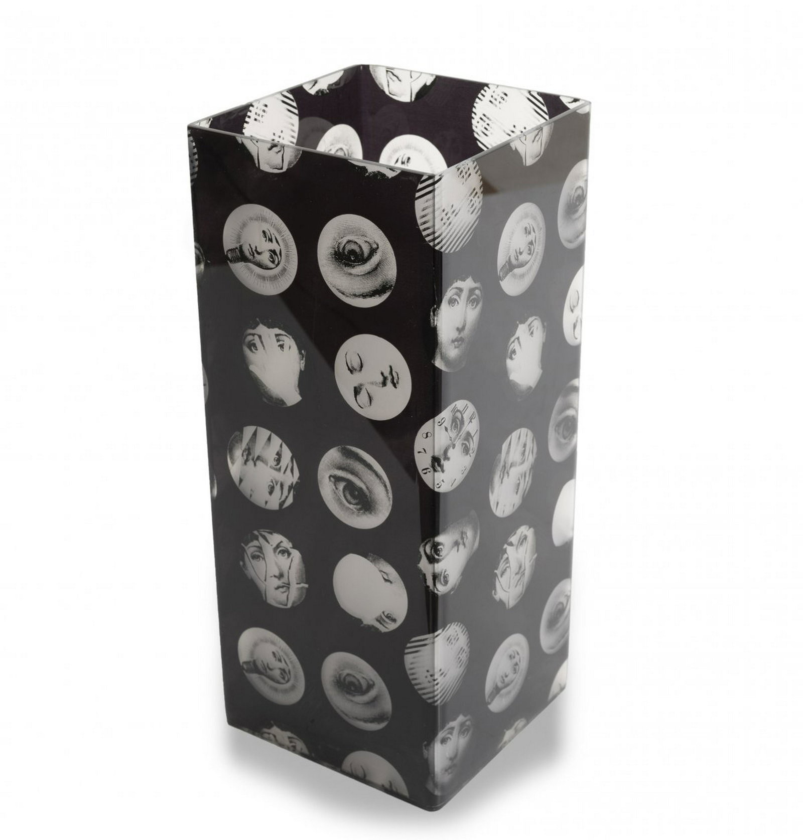 Barnaba Fornasetti, Umbrella stand, 1990s: Barnaba Fornasetti, Umbrella stand, 1990s, H. 50 x 20.5 x 20.5 cm. Made by Fornasetti, Milan. Clear plastic, printed decor. Marked: Maker's mark. ,