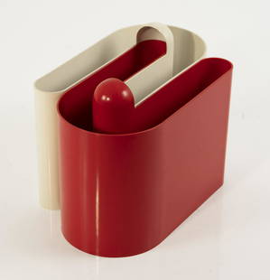 Rodolfo Bonetto, Two 'Zen' magazine racks, 1969: Rodolfo Bonetto, Two 'Zen' magazine racks, 1969, H. 31 x 44 x 27 cm. Made by Bilumen, Milan. Plastic, red and white. Marked: Maker's mark. ,