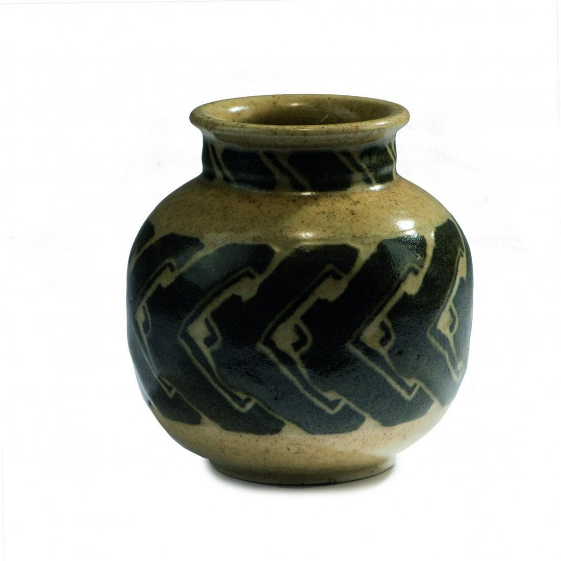 Emile Lenoble, Choisy-le-Roi, Vase, 1920s: Emile Lenoble, Choisy-le-Roi, Vase, 1920s, H. 13.7 cm. Stoneware, glazed light beige and green/grey. Stylized pattern. Marked: Artist's signet, spiral, 23S, 134, 232. ,