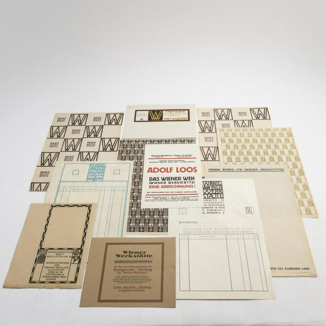 Wiener Werkstaette , Convolute of eleven printed: Wiener Werkstaette , Convolute of eleven printed papers, 1903-1920, Josef Hoffmann: sample card; Josef Hoffmann and Koloman Moser: 4 sheets of wrapping paper; 2 letterheads; Adolf Loos: Poster for the