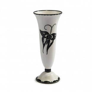 Dagobert Peche, Vase, c. 1912: Dagobert Peche, Vase, c. 1912, Slender bell shape on arched round base. H. 20 cm. Made by Vereinigte Wiener und Gmundner Keramik. Earthenware, glazed egg white and black, decor with butterfly.