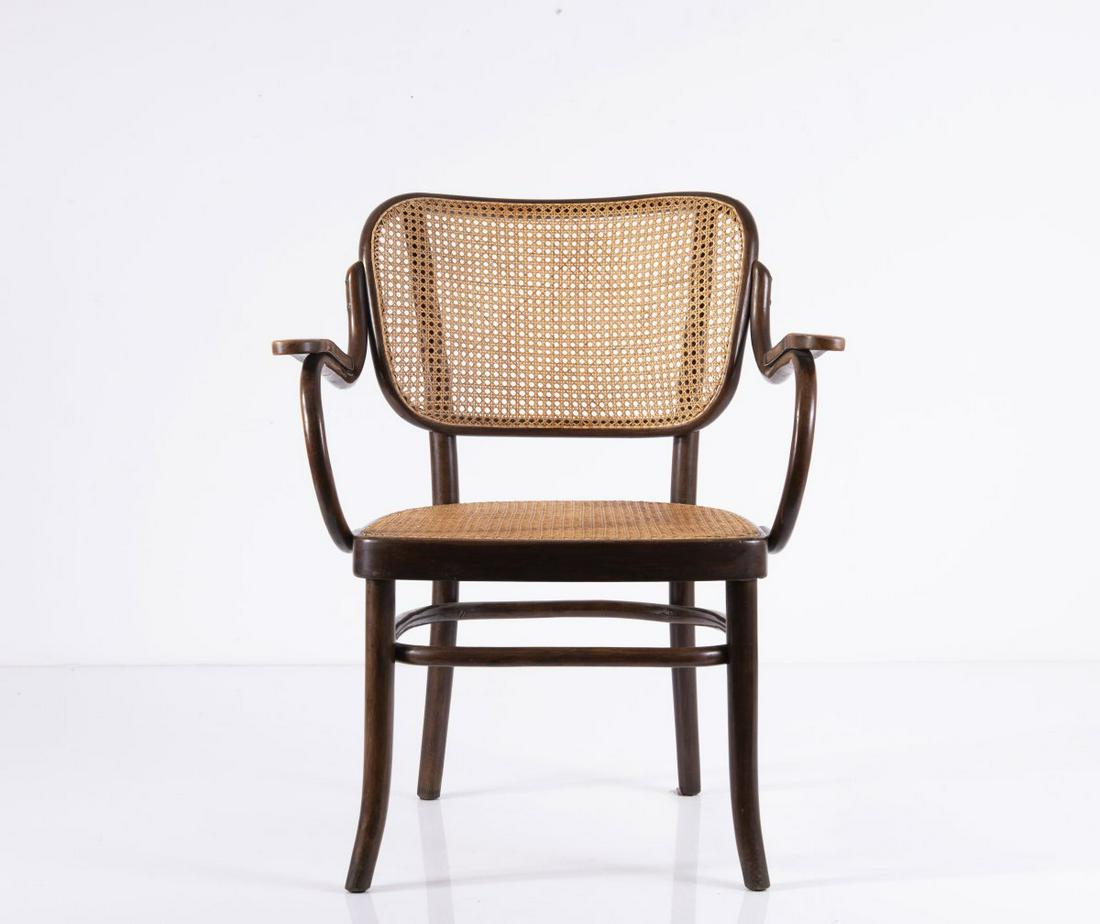 Adolf Schneck, Chair 'A 283 / F', 1930: Adolf Schneck, Chair 'A 283 / F', 1930, H. 80.5 x 58.5 x 68 cm. Made by Thonet-Mundus, Vienna. Beech, partly laminated, bent, stained brownish; cane work. Marked: Paper trademark label & Impressed mar
