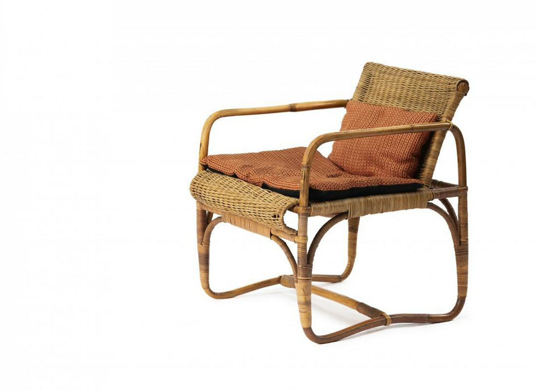 Erich Dieckmann, Armchair, c. 1923: Erich Dieckmann, Armchair, c. 1923, H. 70.5 x 52.5 x 70 cm. Made by Korbmacher-Verein Tannroda. Bamboo, wicker; Cushion with contemporary textile upholstery., Exh. Erich Dieckmann. Praktiker der Avant