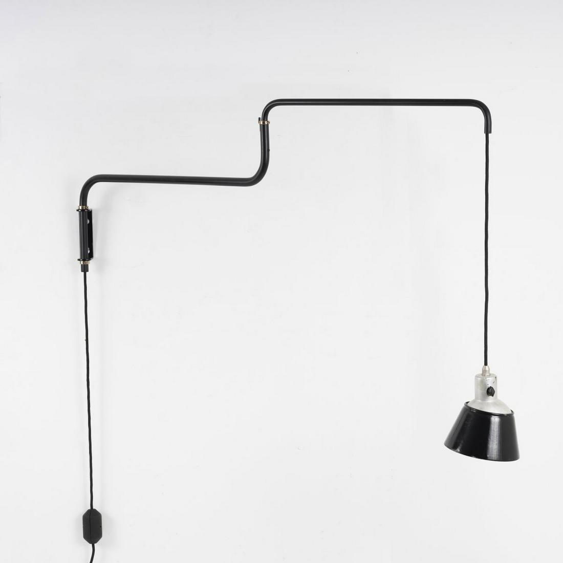 Heinrich Siegfried Bormann, 'No. 830' wall light, 1931: Heinrich Siegfried Bormann, 'No. 830' wall light, 1931, H. 70 cm, L. 70.5-127 cm. Made by Kandem - Korting & Mathiesen, Leipzig-Leutzsch. Tubular metal, painted black, sheet metal, enamelled black, sh