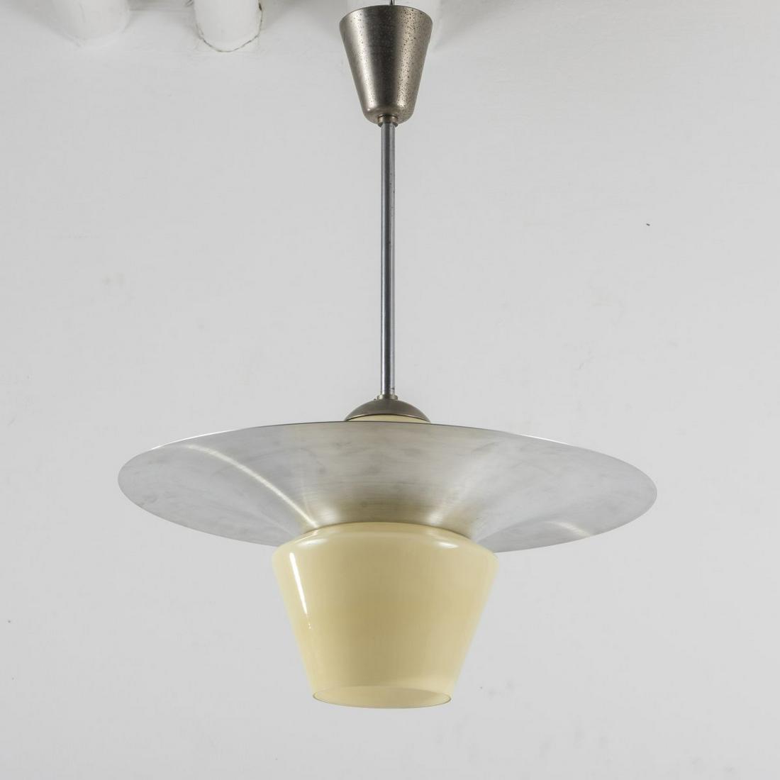 H. S. Bormann, Ceiling light 'No. 937', 1932: H. S. Bormann, Ceiling light 'No. 937', 1932, H. 72 cm; D. 47.5 cm. Made by Korting & Mathiesen, Leipzig-Leutzsch. Tubular brass, sheet brass, nickel-plated, sheet aluminium, yellowish glass., Bauhaus