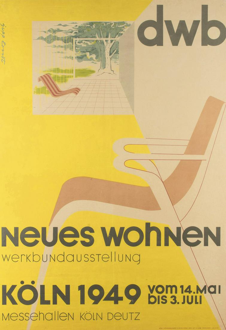 Jupp Ernst, 'Neues Wohnen' poster, 1949: Jupp Ernst, 'Neues Wohnen' poster, 1949, 83.6 x 59 cm. Made by Verlagsdruckerei Cologne GmbH. Colour lithograph on yellowish paper. Marked: dwb Neues Wohnen werkbundausstellung KÃ–LN 1949 vom 14. M