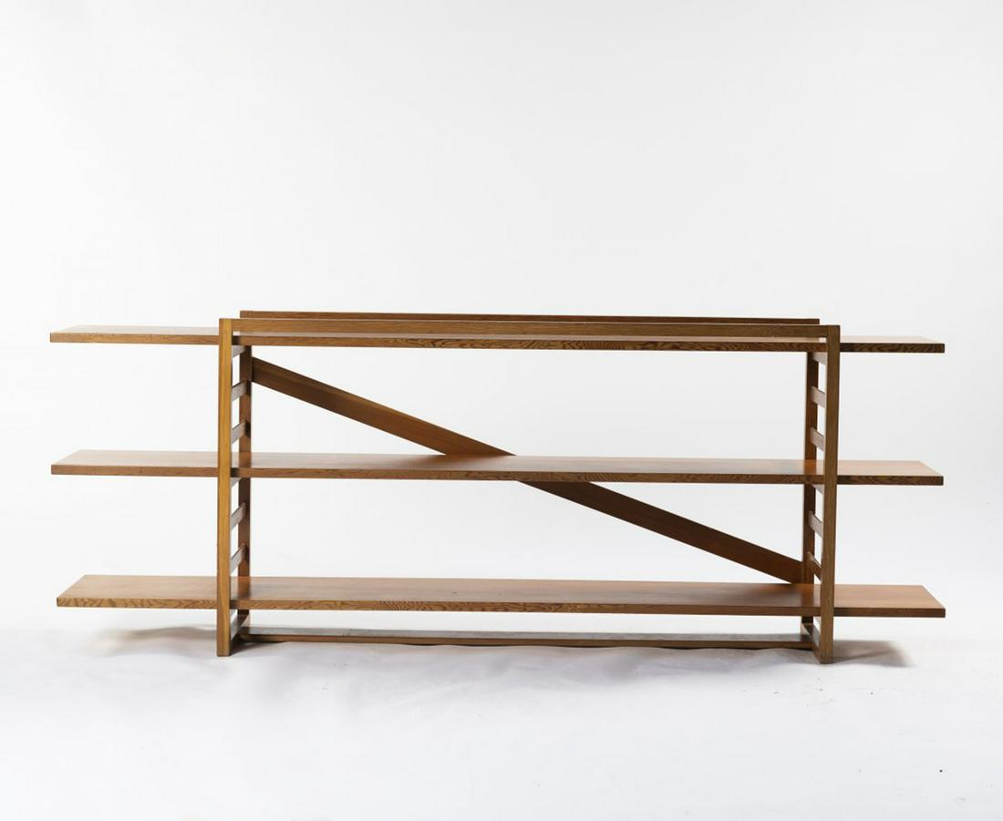 Egon Eiermann, Unique shelf, c. 1934: Egon Eiermann, Unique shelf, c. 1934, After the model in the interior of a Berlin rented apartment. H. 76.5 x 200 x 36.5 cm. Made in Germany, 1960s. Pinewood slats, blockboard with pine wood veneer (O