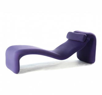 Olivier Mourgue, 'Djinn' long chair, 1965: Olivier Mourgue, 'Djinn' long chair, 1965, H. 62 x 170 x 60 cm. Made by Airborne International, Monteuil-sous-Bois. Steel frame, violet fabric upholstery. , Design since 1945, p. 130; 1000 Chairs, p.