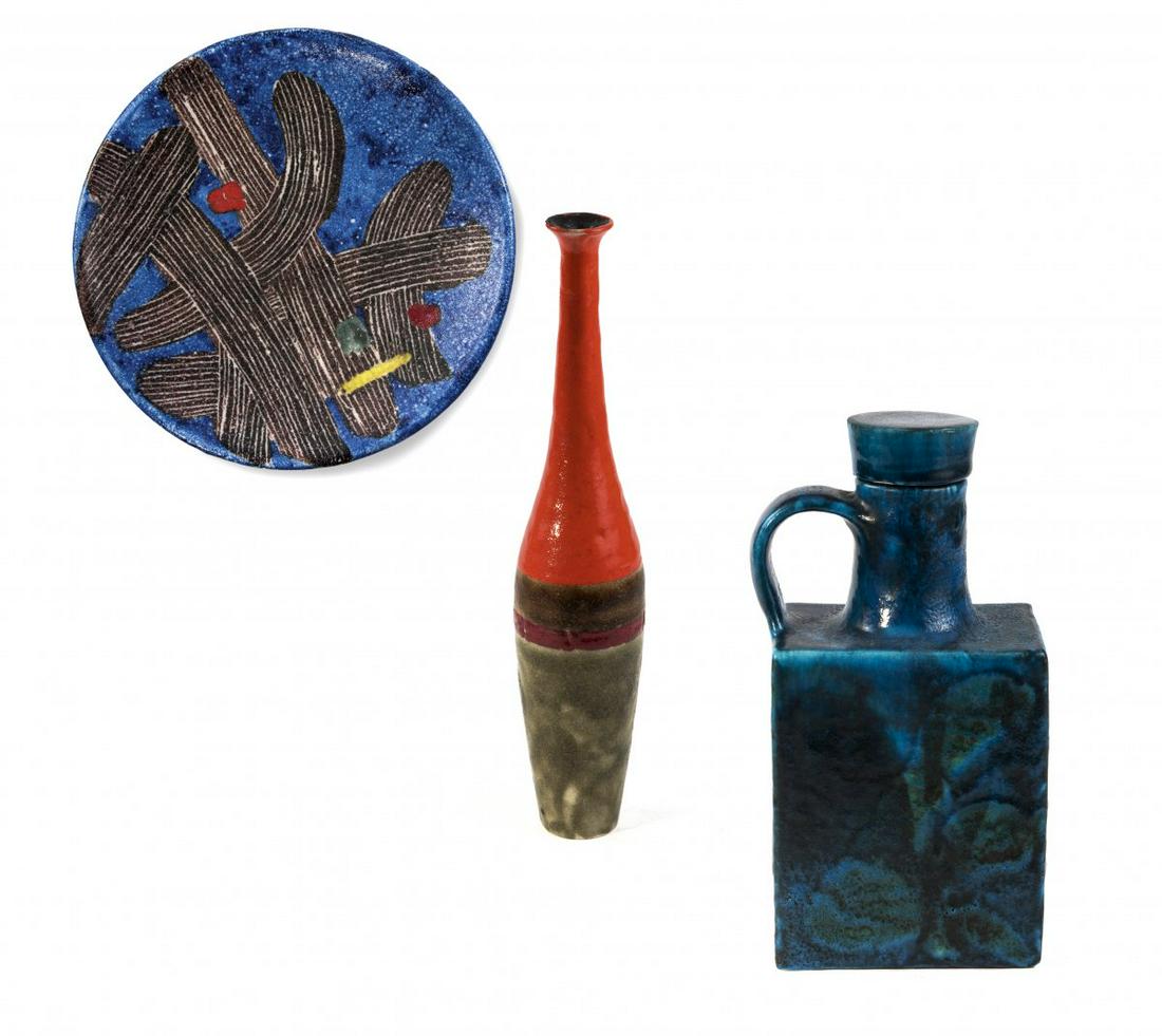Guido Gambone, Bottle, 1960s: Guido Gambone, Bottle, 1960s, H. 26 cm. Earthenware, glazed dark blue, turquoise green and anthracite grey, cork. Marked: GAMBONE ITALY, original paper label, inscribed: 847.,