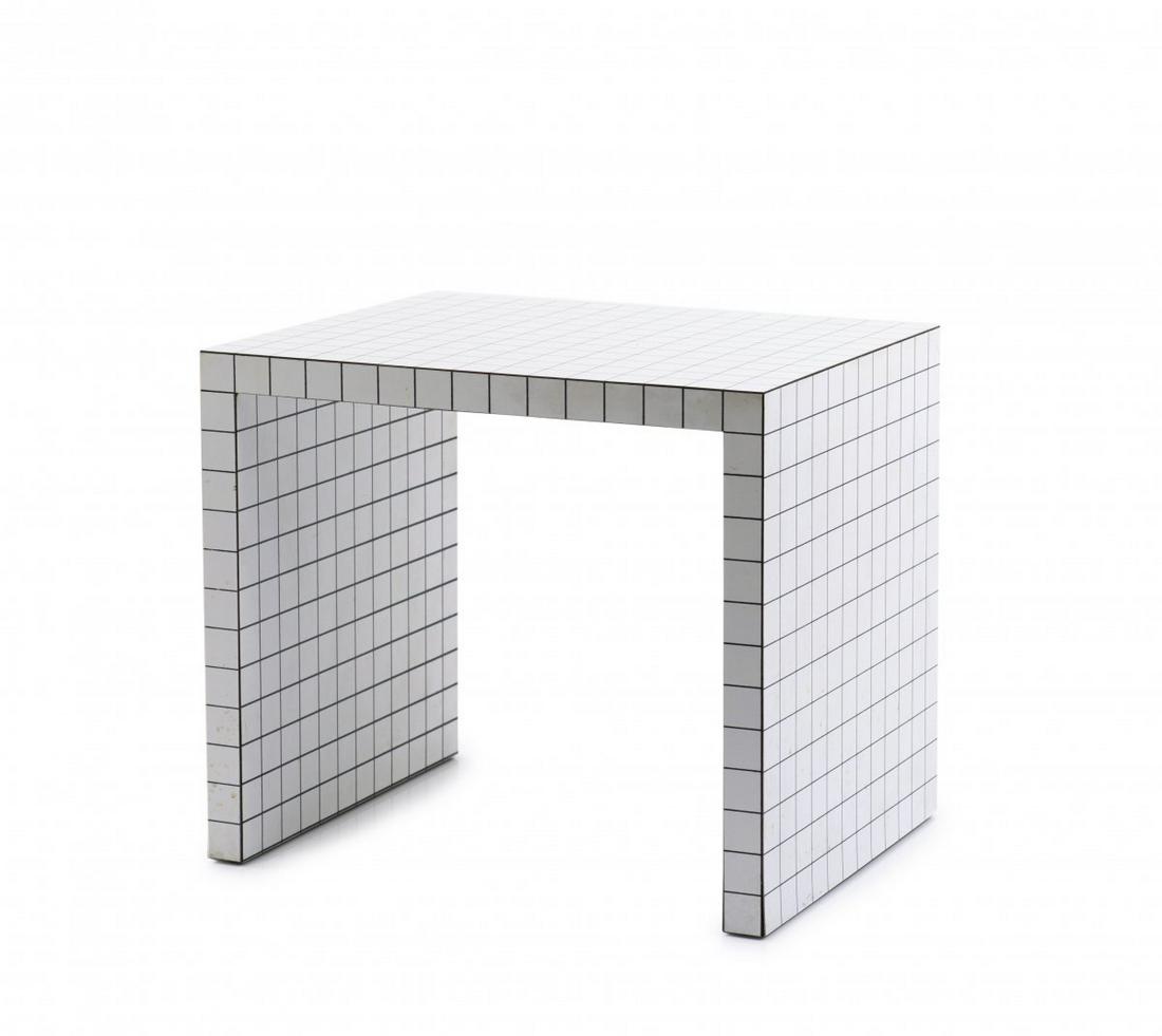 Superstudio, 'Quaderna' stool/table, 1971: Superstudio, 'Quaderna' stool/table, 1971, H. 39 x 46.5 x 36 cm. Made by Zanotta, Nova Milanese. Wood, white plastic laminate, printed black lines., Gramigna, Repertorio 1950-1980, Milan 2001, p. 348.