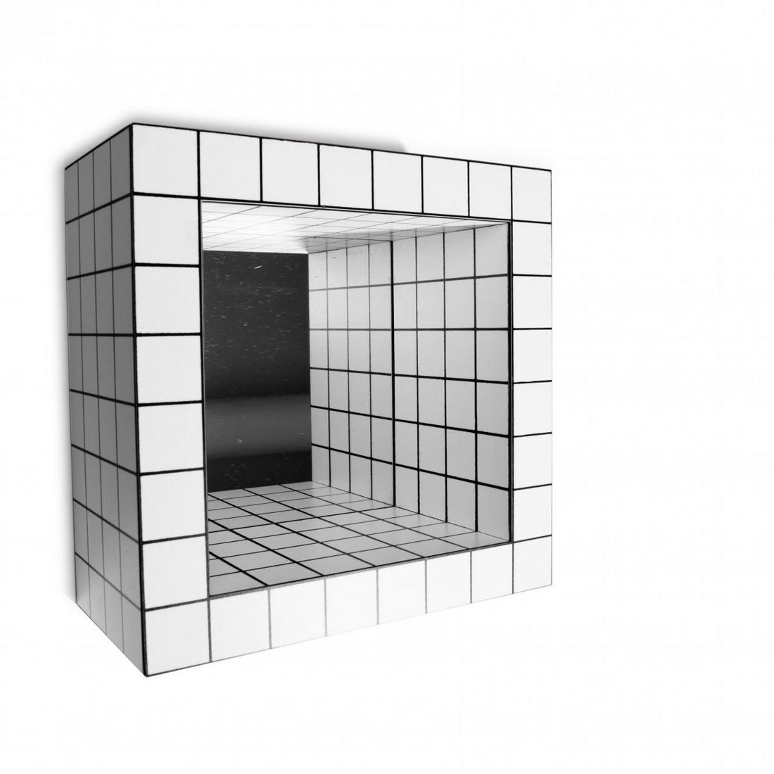 Superstudio, 'Misuratore' mirror, 1976: Superstudio, 'Misuratore' mirror, 1976 , H. 24.2 x 24.2 x 12.2 cm. Made by Plura Edizioni, Milan. Wood, white plastic laminate, printed black lines, plate glass. Marked: Manufacturer's label with name