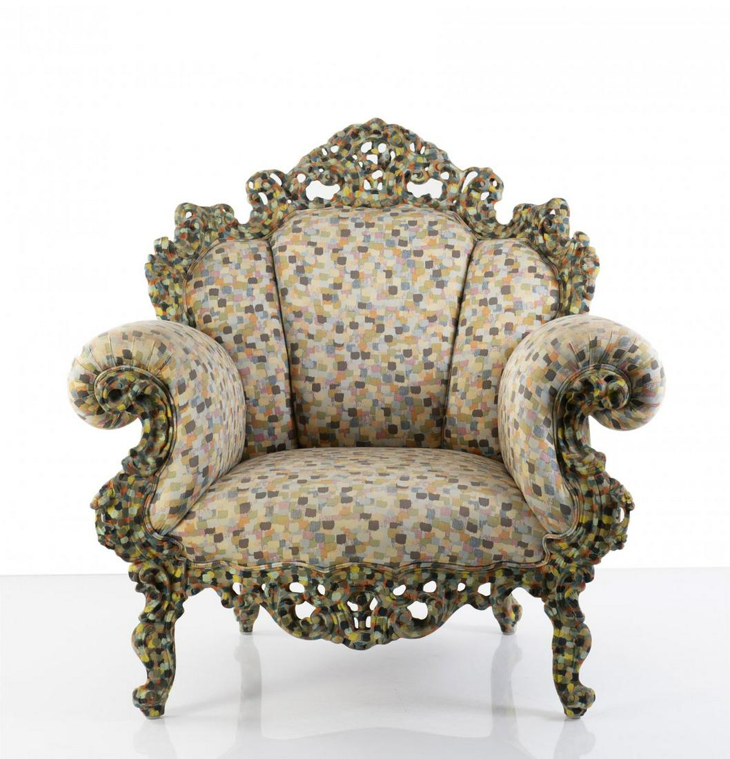 A. Mendini, 'Poltrona di Proust' chair, 1978: A. Mendini, 'Poltrona di Proust' chair, 1978, H. 103.5 x 103 x 88 cm. Made by Cappellini, Milan. Wood, carved and painted, machine-made polychromatic tissue. , Bangert, Italian Furniture Design, Munch