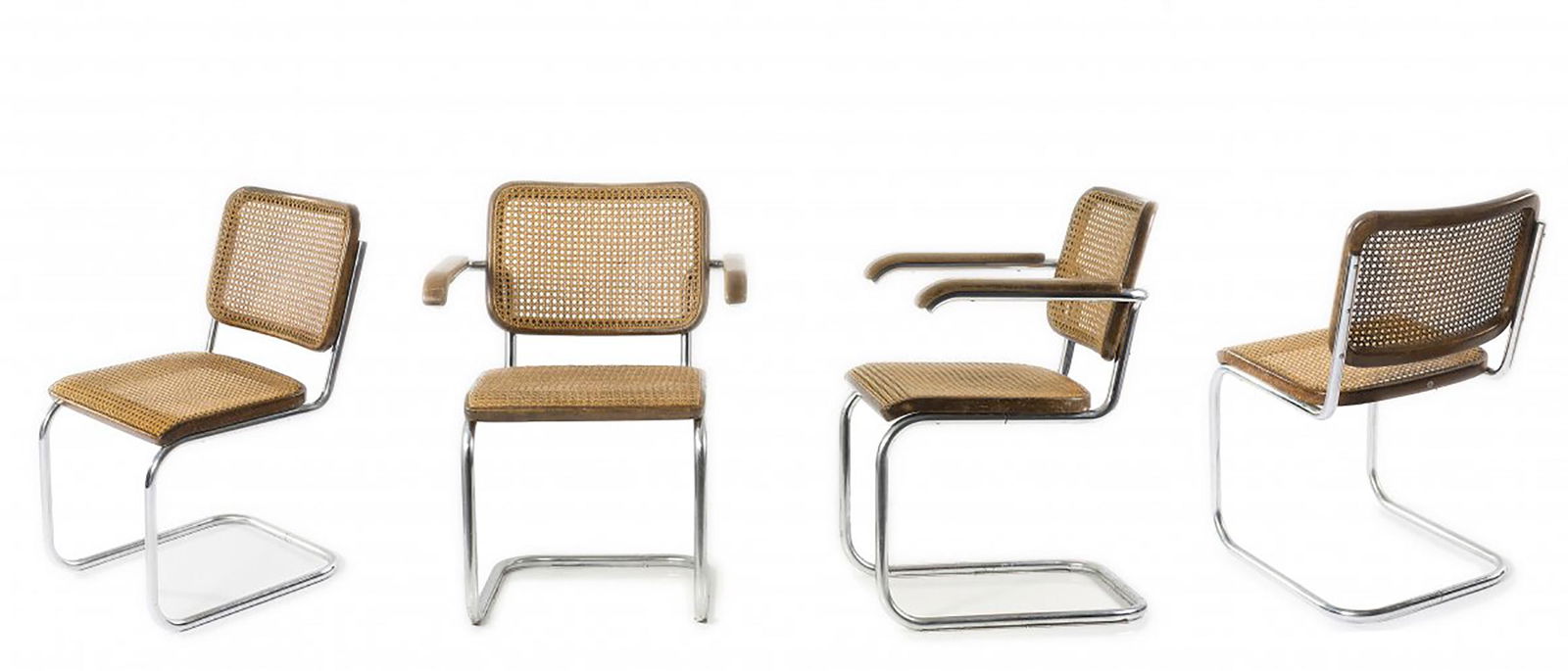 Marcel Breuer; Mart Stam, 4 chairs 'B 64', 1928: Marcel Breuer; Mart Stam, 4 chairs 'B 64', 1928 , Armchairs: H. 80 x 60 x 57.5 cm; chairs: H. 81 x 46 x 59 cm. Made by Thonet, Frankenberg, 1930s. Chrome-plated tubular steel, beech, meshwork. Marked: