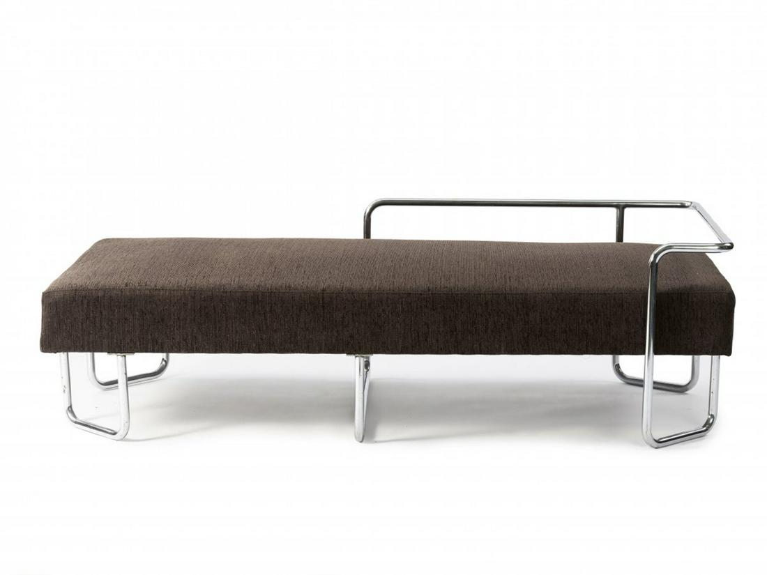 Bruno Weill , Chaise longue, 1930s: Bruno Weill , Chaise longue, 1930s, H. 55.5 x 181 x 85 cm. Made by Thonet, Paris. Tubular steel, chrome-plated, brown-grey textile cover.,