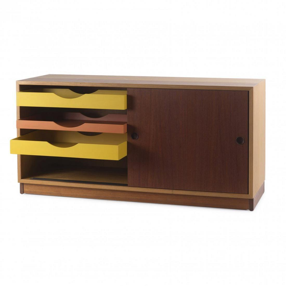 BÃ¸rge Mogensen, 'oresund' sideboard, c. 1955: BÃ¸rge Mogensen, 'oresund' sideboard, c. 1955, H. 66 x 135 x 46 cm. Made by Karl Andersson & Soner, Husqvarna. Blockboard, oak and teak veneer, ply, painted yellow and apricot. ,