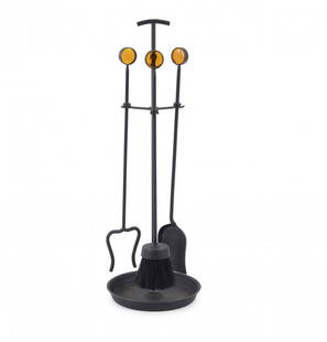 Gunnar Ander, Fireplace companion, 1950s: Gunnar Ander, Fireplace companion, 1950s, 4 pieces. H. 61 cm. L. 50 cm (each). Made by Ystad Metall, Ystad. Sheet metal, tubular metal, black, tubular brass, amber glass. ,