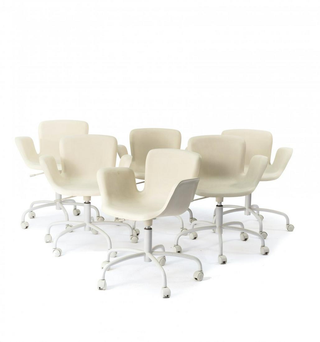 Werner Aisslinger, Six 'Juli' chairs, 1996: Werner Aisslinger, Six 'Juli' chairs, 1996, H. 77.5-87 x 65 x 53 cm. Made by Cappellini, Milan. White plastic (elastomer), tubular aluminium, matt anthracite, casters. Marked: cappellini, werner aissl