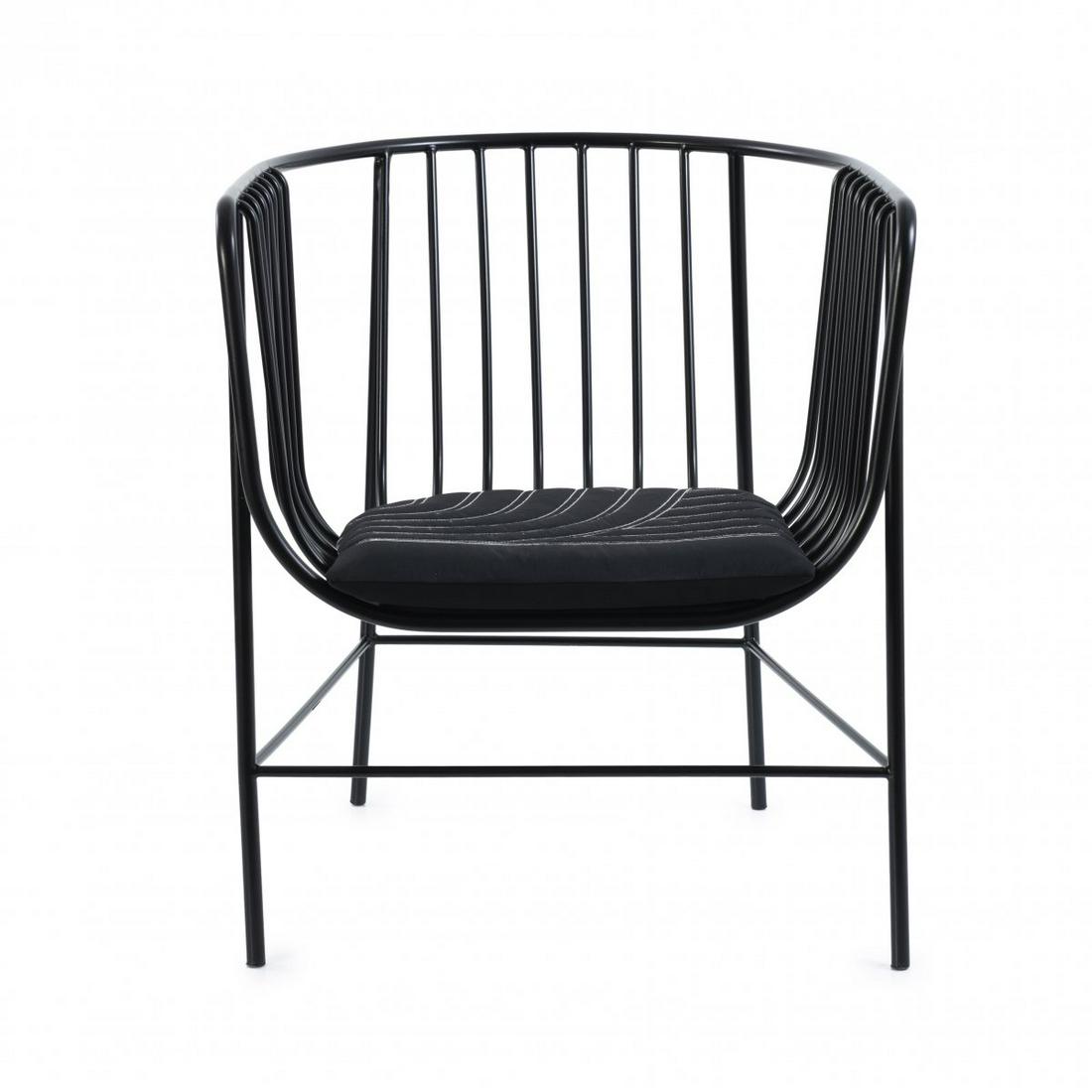 Oki Sato; Studio Nendo, Armchair 'Sekitei', 2011: Oki Sato; Studio Nendo, Armchair 'Sekitei', 2011, H. 70.5 x 57.5 x 56 cm. Made by Cappellini, Milan. Tubular steel, painted black, black textile cushion. Marked: manufacturer's label.,