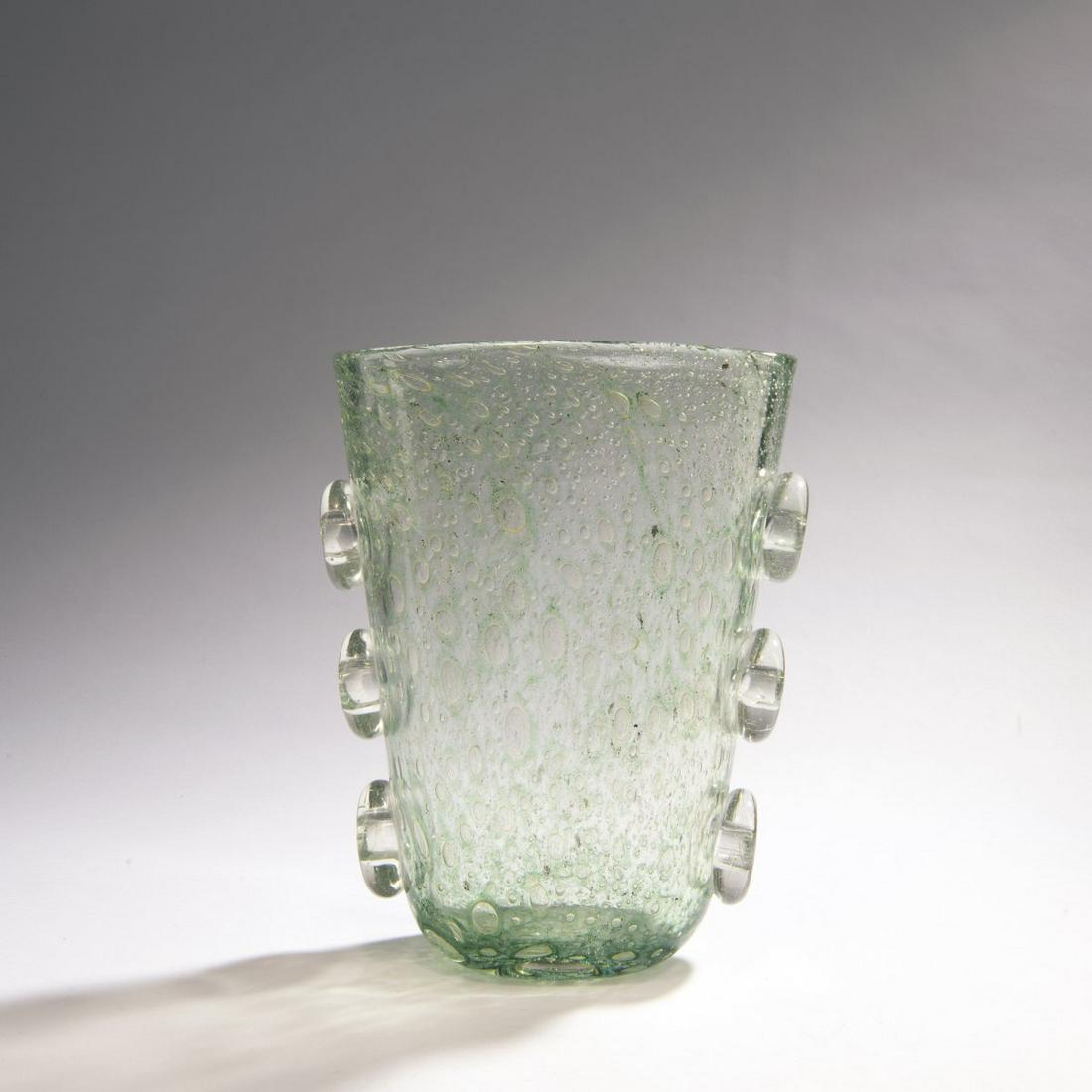 Ercole Barovier, 'Spuma di mare' vase, 1938-40: Ercole Barovier, 'Spuma di mare' vase, 1938-40, H. 29.5 cm. Execution: Ferro Toso Barovier. Clear cased glass with melted oxide in green tones and air bubbles; attached handles made of clear glass.,