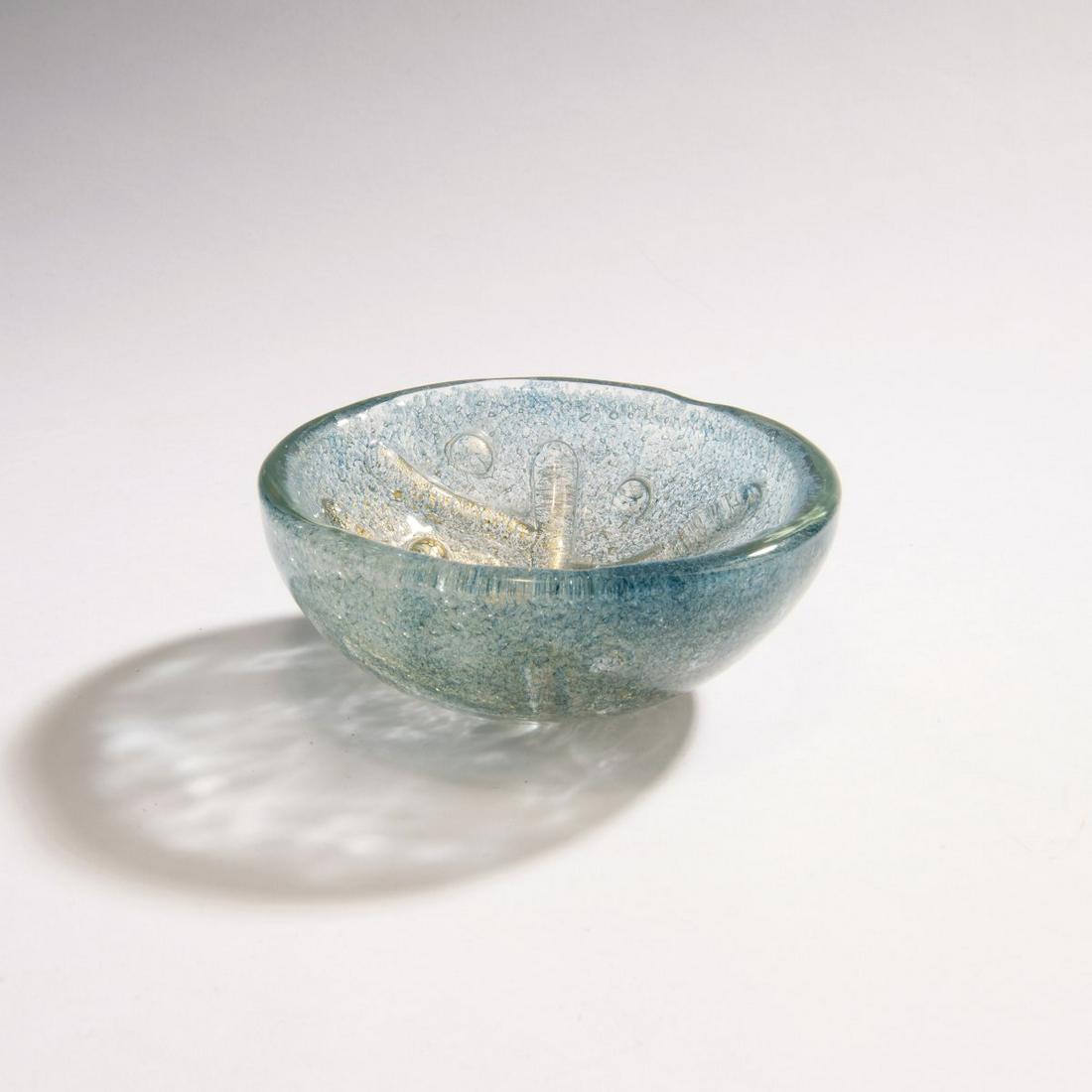 Ercole Barovier, 'Relievo aurato' vase, c.1940: Ercole Barovier, 'Relievo aurato' vase, c.1940, D. c. 16 cm. Execution: Barovier & Toso. Cased glass, clear, with oxide melts in shades of blue and burst gold foil, decor with attached ribbons and nub
