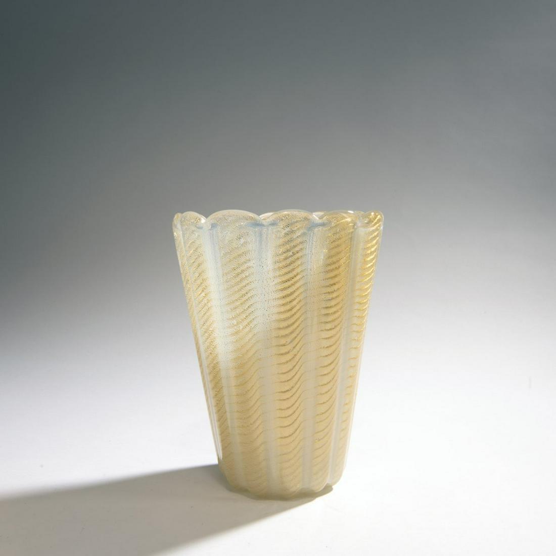 Ercole Barovier, 'Cordonato oro' vase, 1950: Ercole Barovier, 'Cordonato oro' vase, 1950, H. 22.6 cm. Execution: Barovier & Toso. Cased glass, clear and opal white, vertically ribbed, gold foil tapes.,