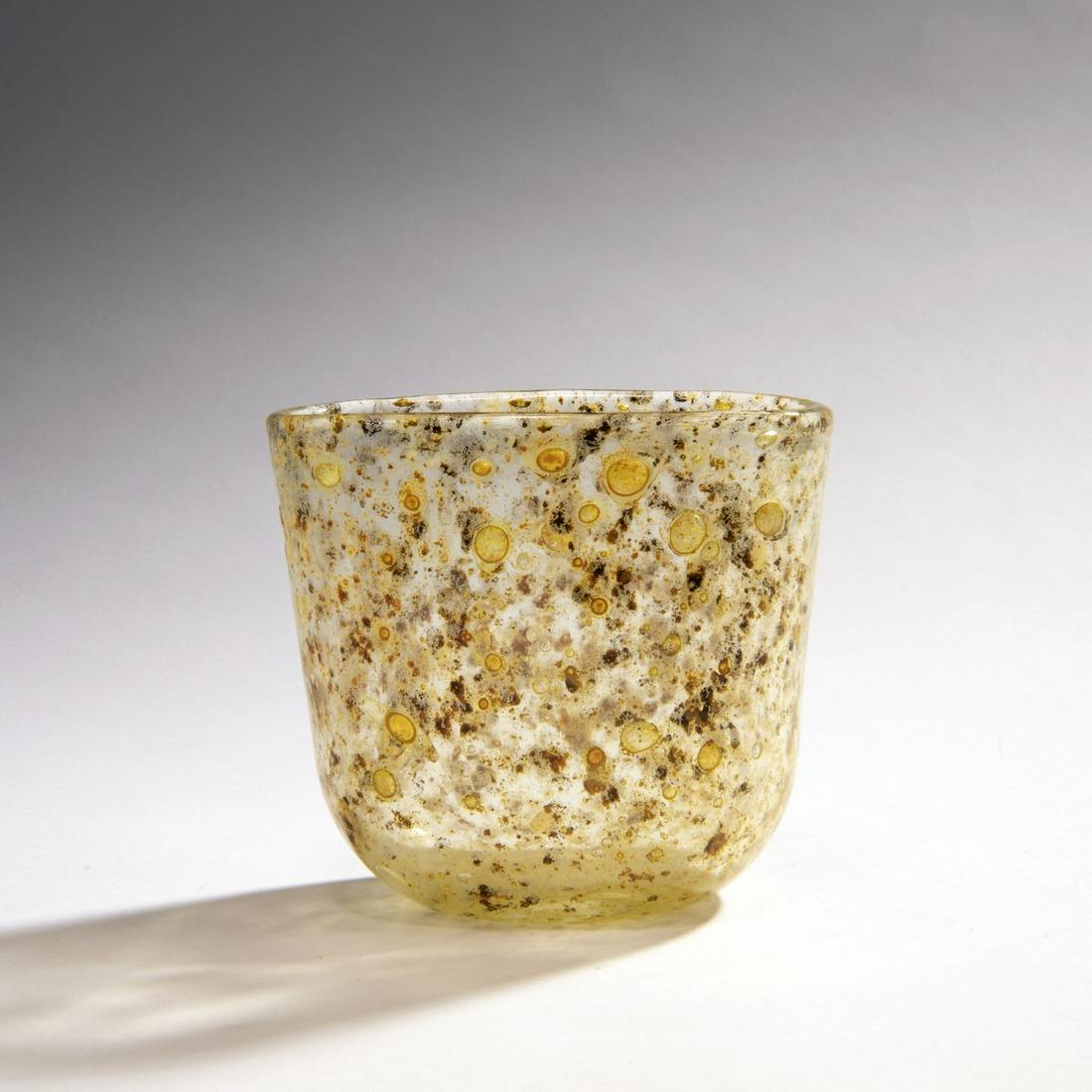Ercole Barovier, 'Aborigeno' vase, 1954: Ercole Barovier, 'Aborigeno' vase, 1954, H. 14 cm. Execution: Barovier & Toso. Cased glass, clear with crumbly oxide melts in ocher yellow and brown., Cf. Marina Barovier, Art of the Barovier, Verona 