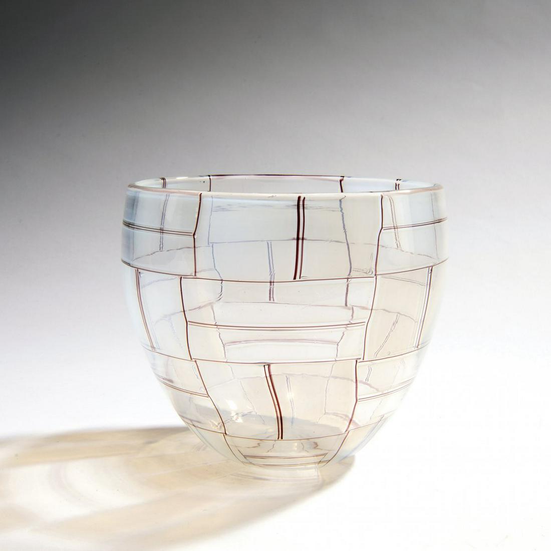 Ercole Barovier, 'Sidone' vase, 1957: Ercole Barovier, 'Sidone' vase, 1957, Cup shape on a round stand. H. 15.3 cm. Execution: Barovier & Toso. Clear glass with melted rectangular plates in opalescent glass with a violet frame., Cf. Marin