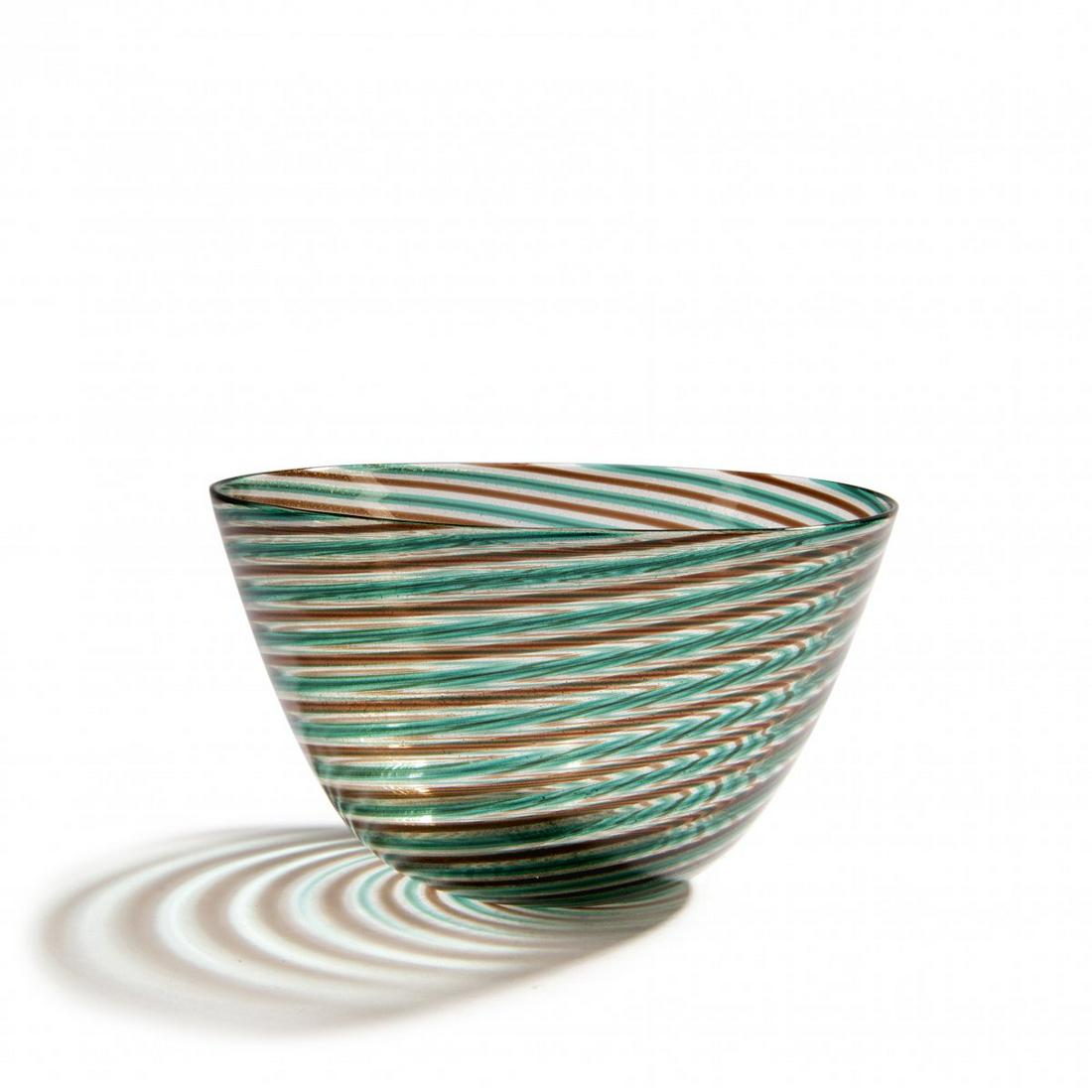 Ercole Barovier, 'Spira aurata' bowl, c. 1966: Ercole Barovier, 'Spira aurata' bowl, c. 1966, H. 10.5 cm; D. 18.5 cm. Execution: Barovier & Toso. Clear glass with applied diagonal stripes in violet, green and amber colors, burst gold foil.,