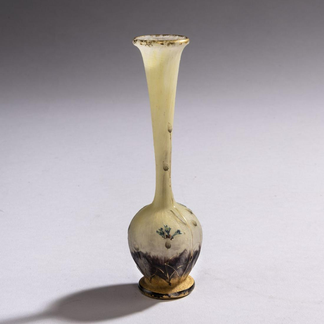 Daum Frères, Miniature vase 'Bleuets', 1901: Daum Frères, Nancy, Miniature vase 'Bleuets', 1901, H. 12.7 cm. Cased glass, clear, yellow and purple powder inclusions. Etched and enamelled. Motif with blooming cornflowers, heightened with g